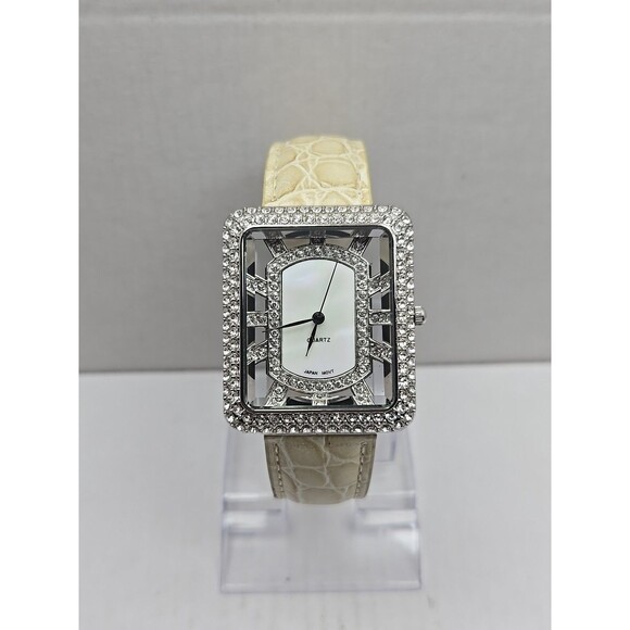 Adrienne Womens Rhinestone Open Square Watch Cream Croc Leather New Battery - Picture 1 of 12